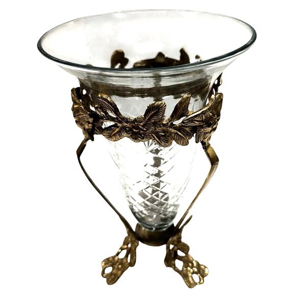 Intricate Ornate Floral Brass Stand Diamond Pattern Clear Glass Flared Cone - Picture 2 of 6